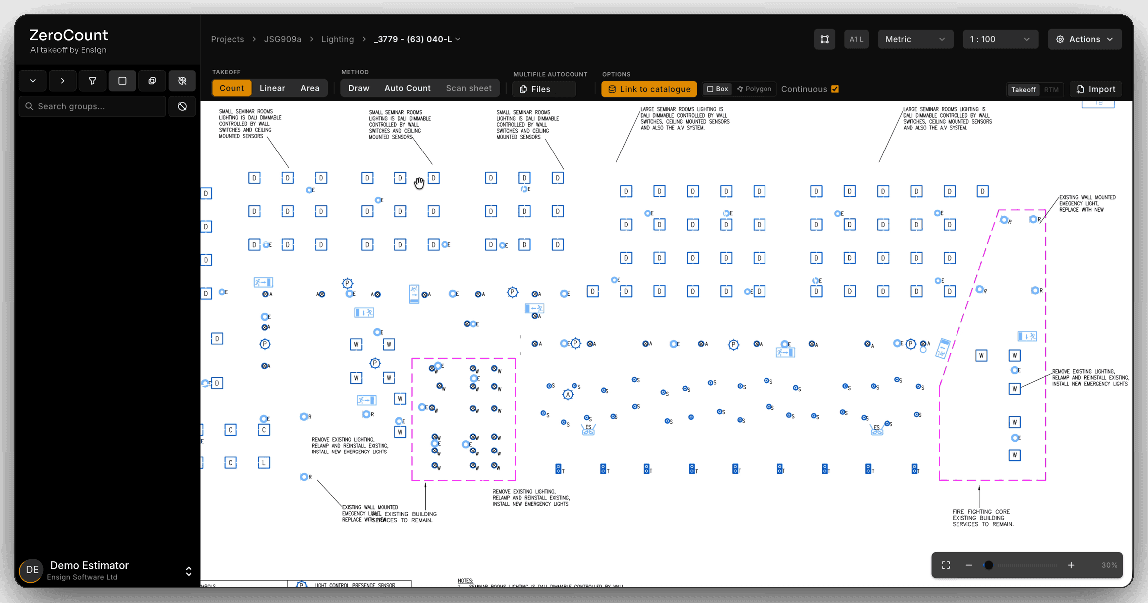 A closer view of the lighting layout in ZeroCount with every cable line stripped out, leaving only the symbols and their labels.