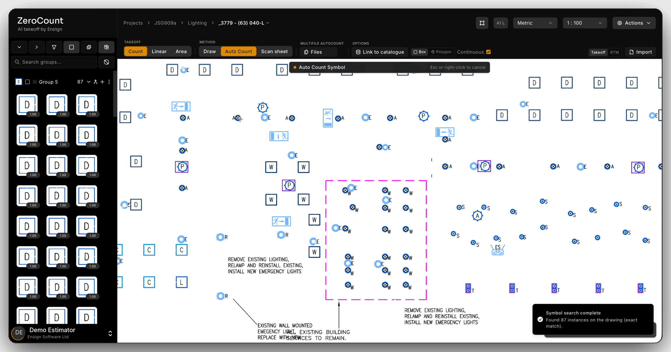 ZeroCount reporting 87 instances of a luminaire symbol found on the lighting layout, each one marked on the drawing.