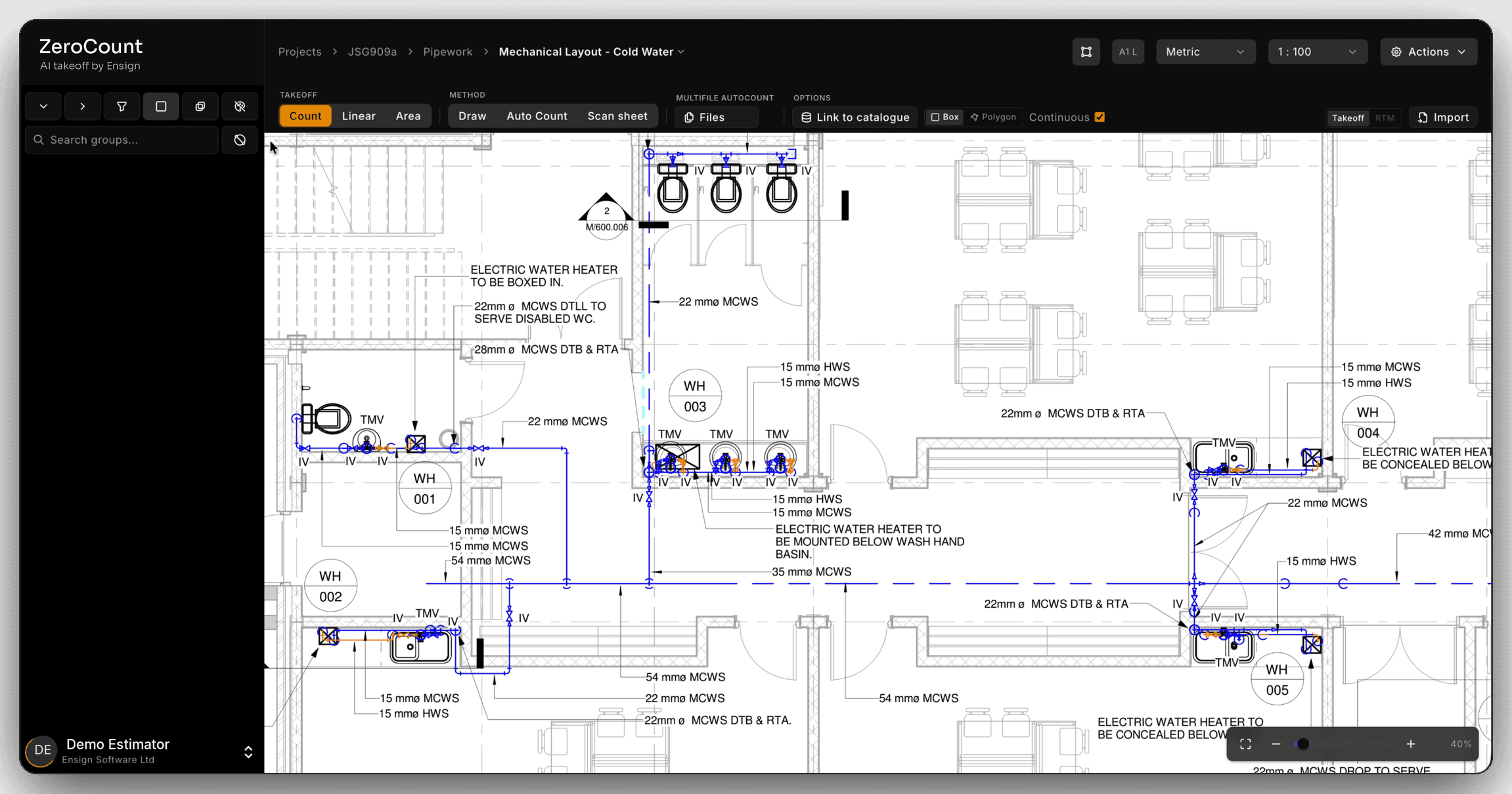ZeroCount showing a mechanical cold water layout as received, with the building plan behind the pipework.