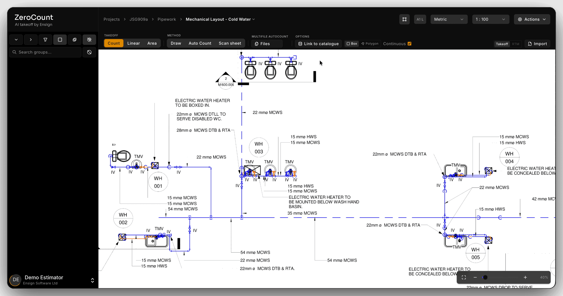 The same cold water layout in ZeroCount after background removal, leaving the pipework, fittings and size labels.