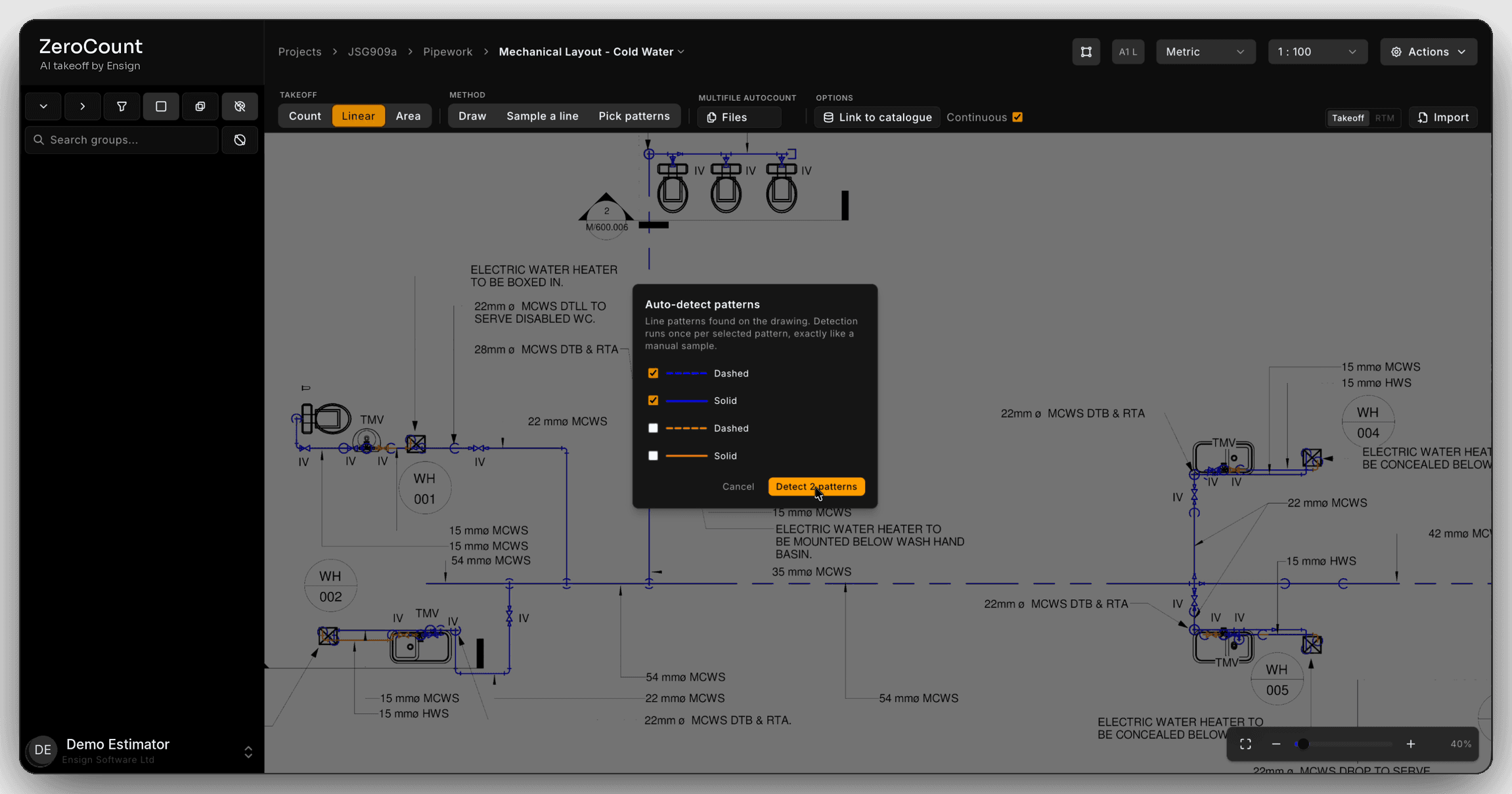 ZeroCount's auto-detect patterns dialog over the cold water layout, listing the dashed and solid line patterns found on the drawing.