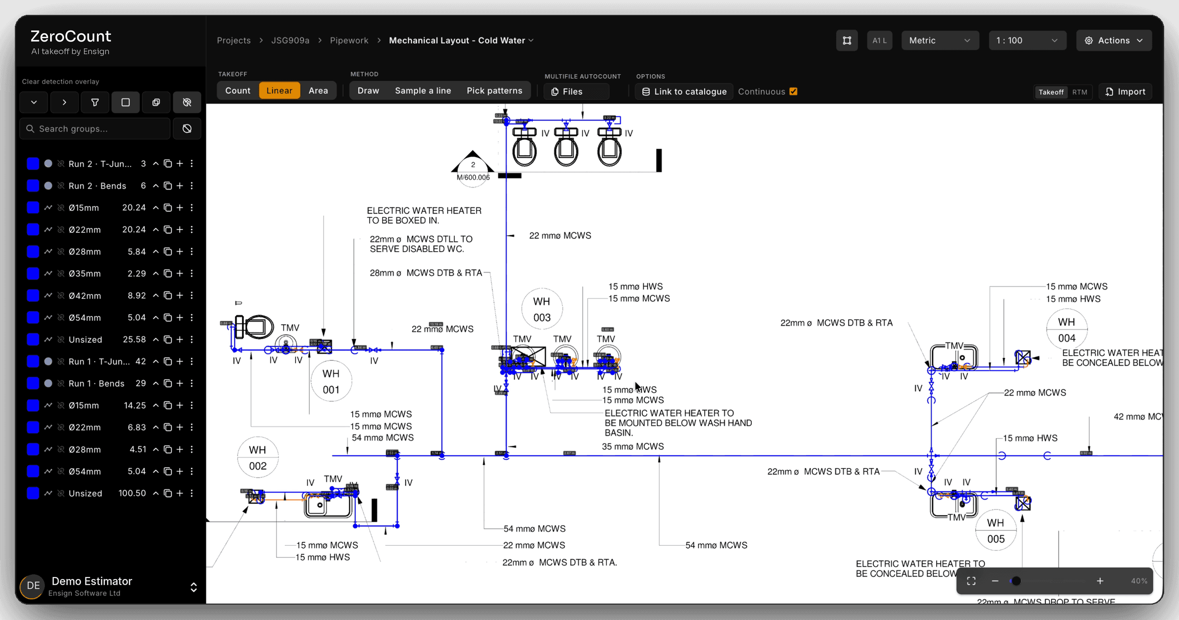ZeroCount auto linear on the cold water layout: every pipe run traced and listed by size from 15 mm to 54 mm, with its length.