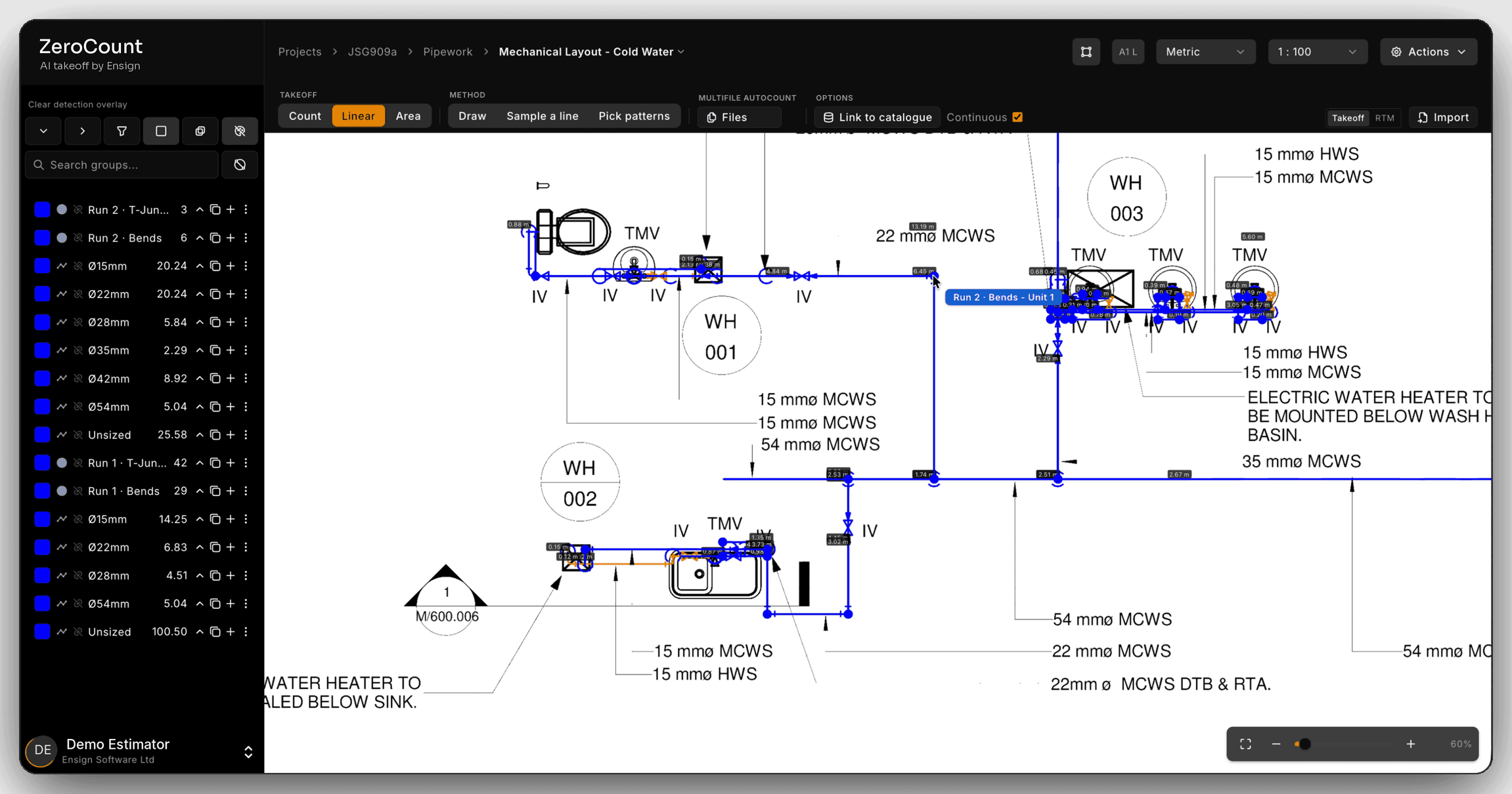 A closer view of a traced pipe run in ZeroCount, with the bends and T-junctions along it counted.